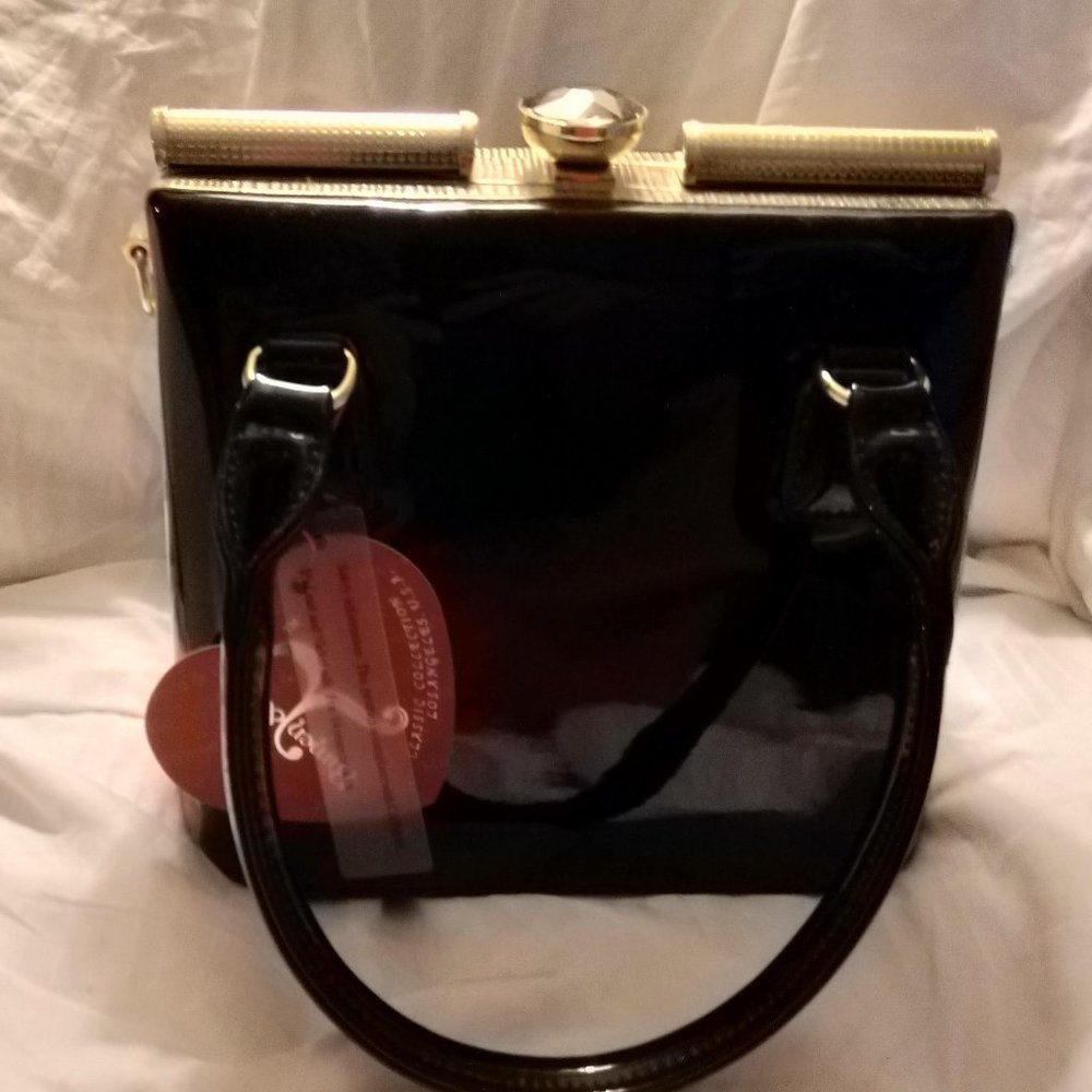 Black Patent Handbag with Large Crystal Top Embellishment NWT